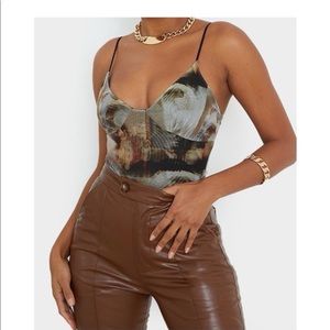 Nude Mesh Abstract Renaissance Print Cup Detail Bodysuit